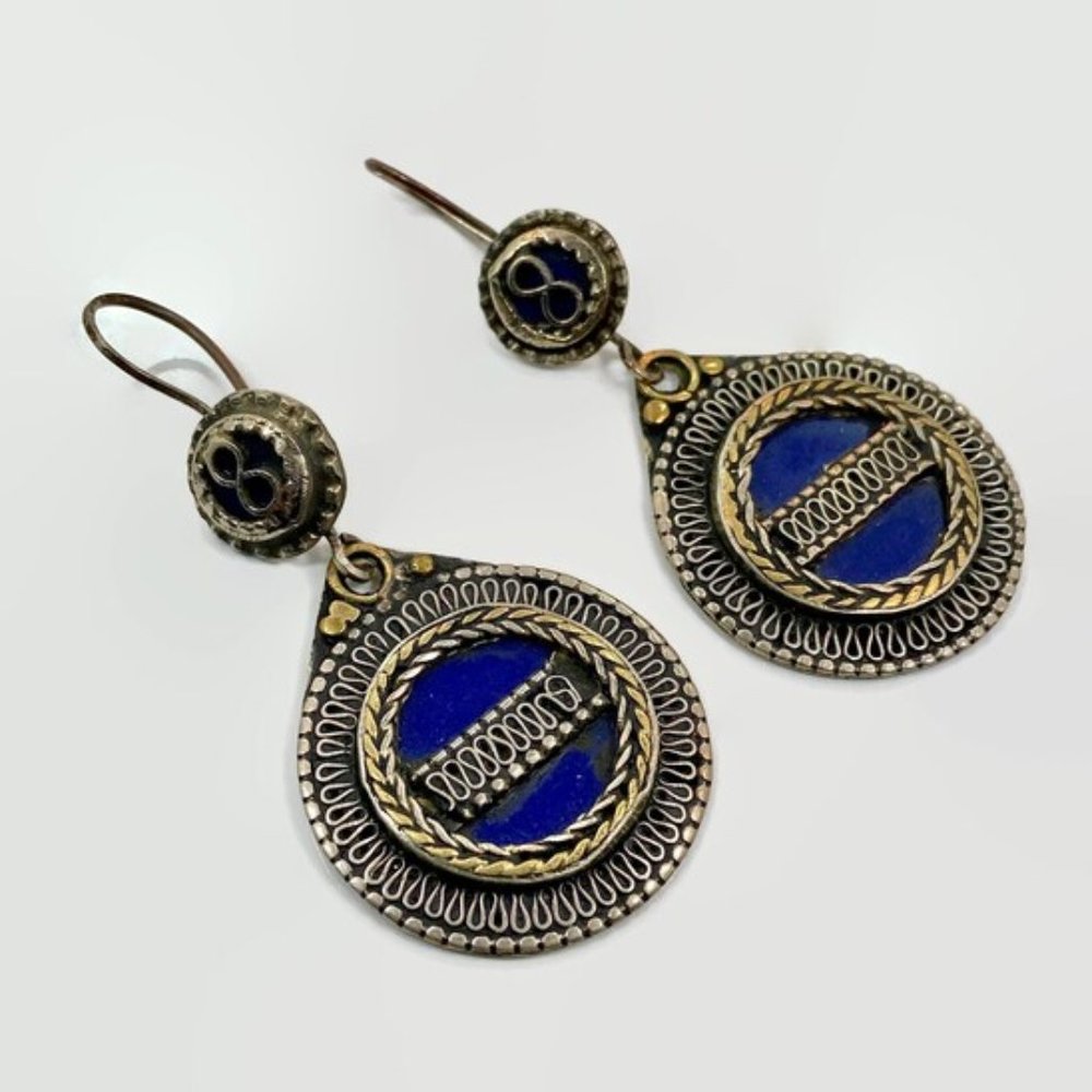 Blue Earrings, Boho, Afghan, Enameled, Big, 3" Long, Vintage, Cobalt Blue